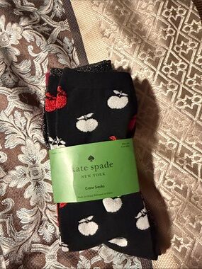 kate spade Black Crew Socks with White & Red Apple Motifs